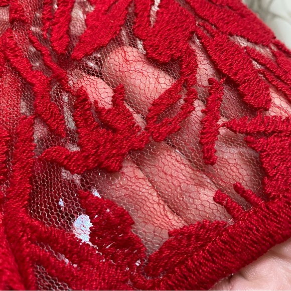 TADASHI SHOJI RED PLEATED BLOUSON WAIST SHEER EMBROIDERED LACE CAP SLEEVE DRESS - Picture 11 of 16